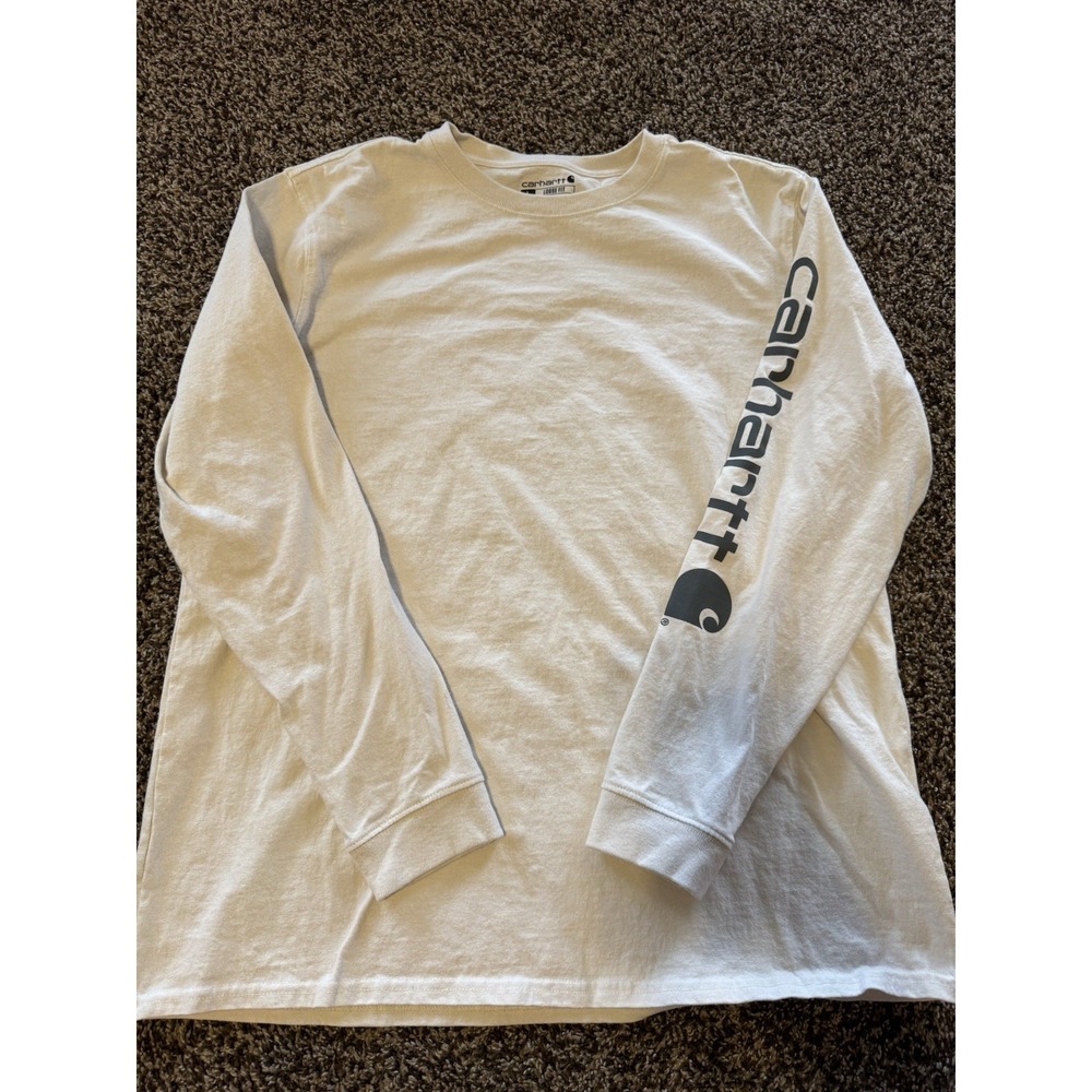 Carhartt Men's White Loose Fit Long Sleeve Logo Graphic T-Shirt Large